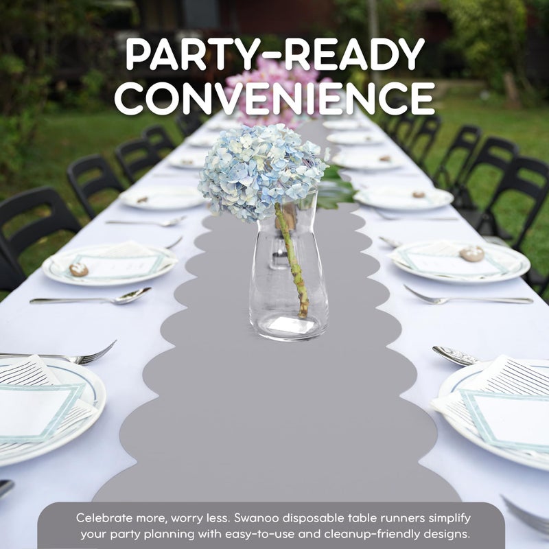 Swanoo Silver Grey Plastic Disposable Table Runner. 5 Pack 14 x 108 inch. Scallop Table Runner Adds A Pop of Color to Your Party Table, by Swanoo - Image 3